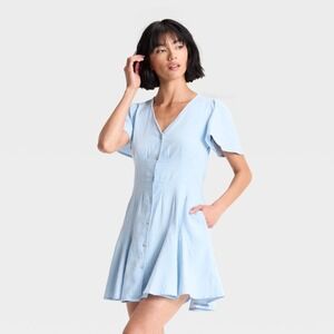 Universal Thread Mini Dress S Blue Linen Blend A Line Flutter Sleeve Cottagecore